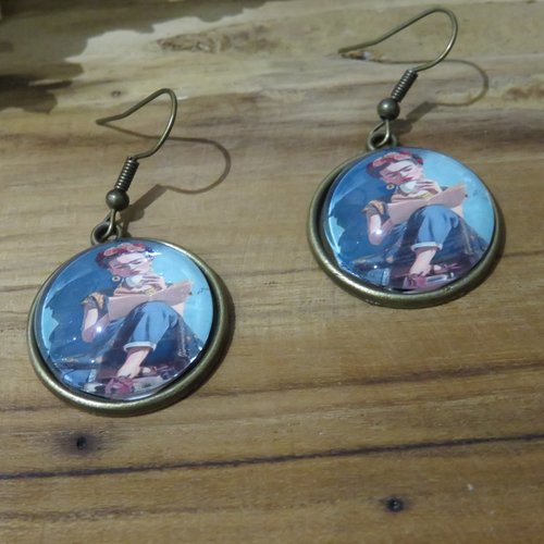 Boucles d’oreilles frida kahlo vintage cabochon verre