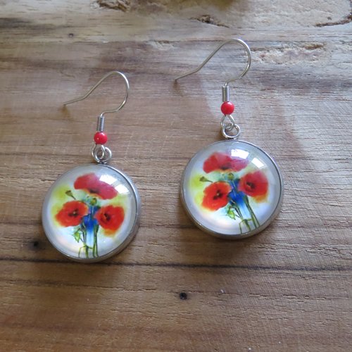 Boucles d'oreilles cabochon coquelicots et bleuets acier inoxydable