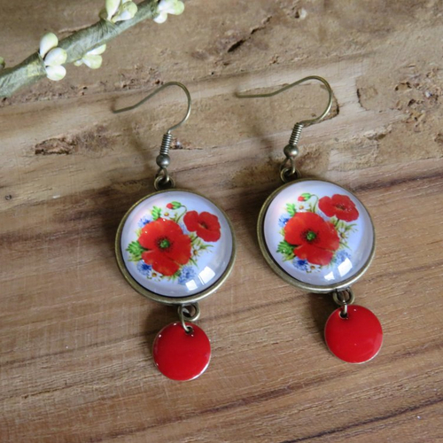 Boucles d'oreilles coquelicots et bleuets cabochon en verre