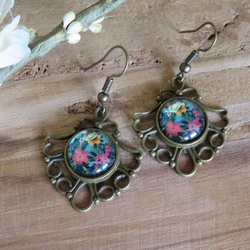 Boucles d'oreilles fleurs de sakura japon cabochon en verre