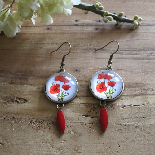 Boucles d'oreilles coquelicots pampille émaillé rouge