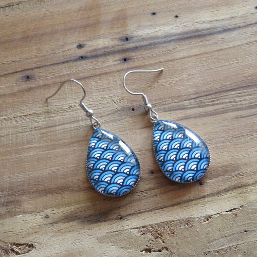 Boucles d'oreilles goutte vague kimono japon tokyo vert canard acier inoxydable