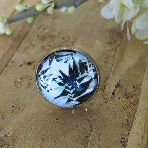 Bague réglable feuillage noir vert base métal bronze