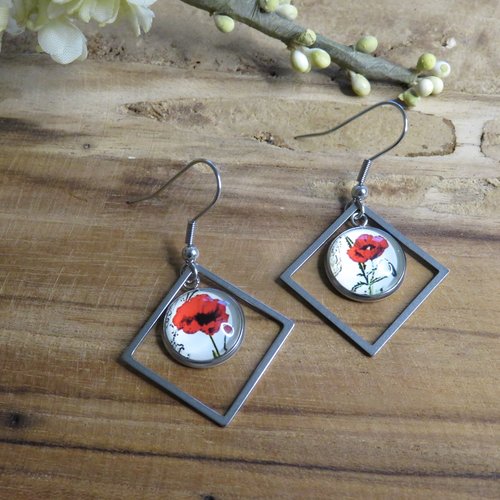 Boucles d'oreilles pendantes asymétriques acier inoxydable cabochon coquelicot