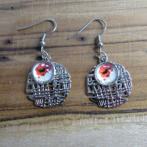 Boucles d'oreilles pendantes acier inoxydable cabochon coquelicot