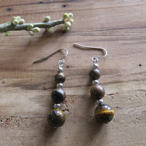 Boucles d’oreilles perles œil de tigre perles rondes acier inoxydable