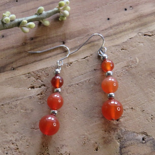 Boucles d’oreilles perles cornaline perles rondes acier inoxydable