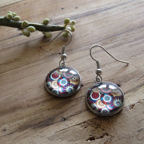 Boucles d'oreilles acier inoxydable cabochon vintage seventies