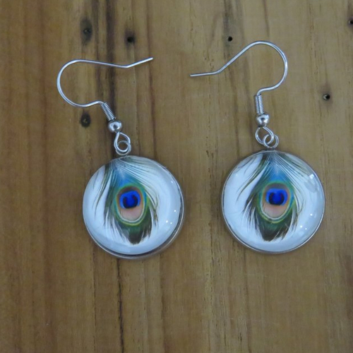 Boucles d'oreilles acier inoxydable cabochon plume de paon
