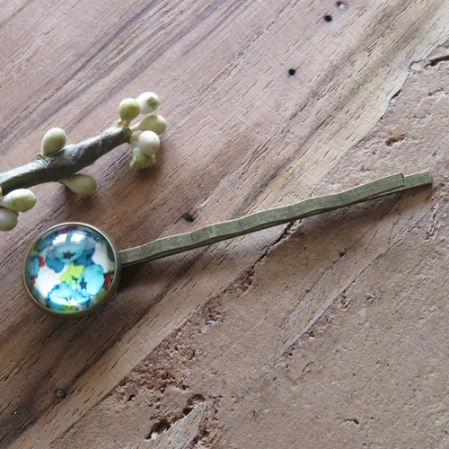 Pince à cheveux barrette cabochon en verre fleurs turquoise bronze