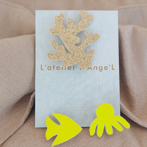 Trio de broches: corail et animaux marins jaunes
