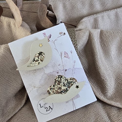 Duo de broches oiseau et lotus blancs