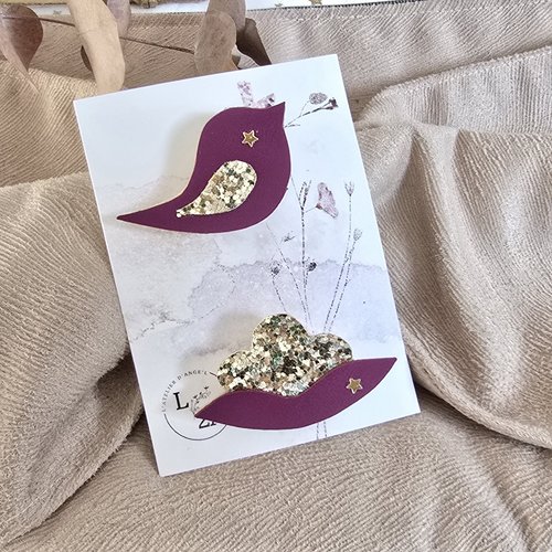 Duo de broches oiseau et lotus bordeaux