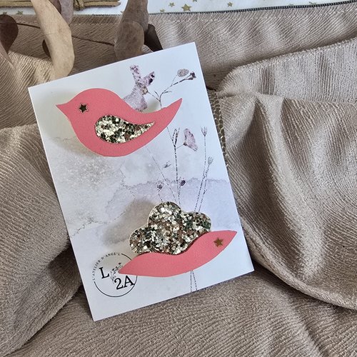 Duo de broches oiseau et lotus corail