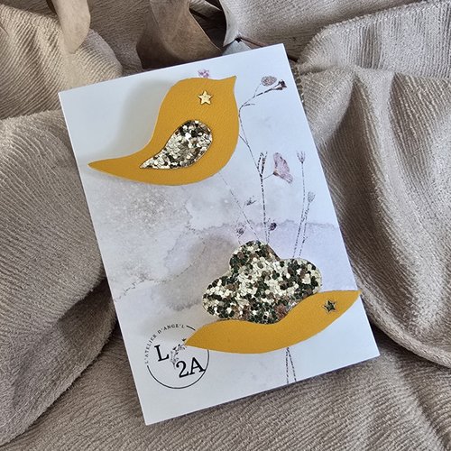 Duo de broches oiseau et lotus moutardes