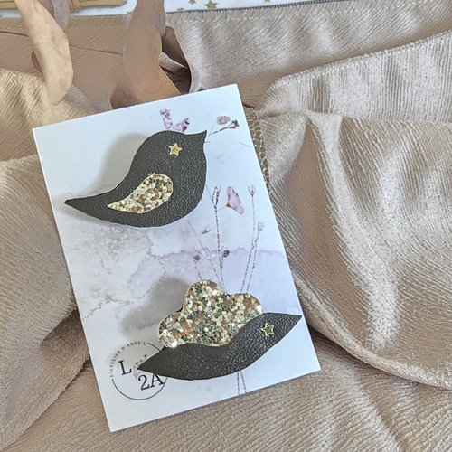 Duo de broches oiseau et lotus kakis