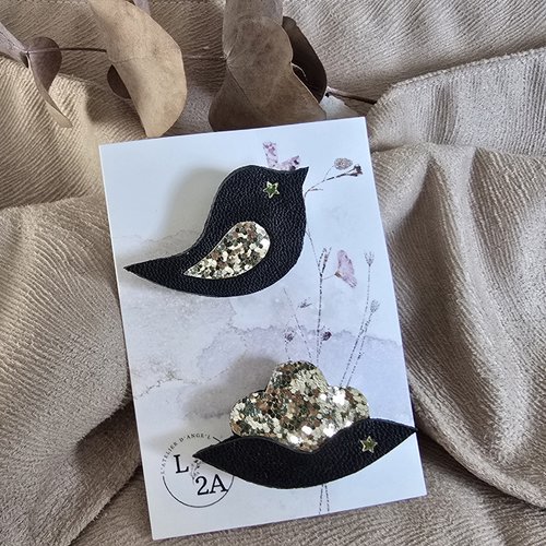 Duo de broches oiseau et lotus noirs