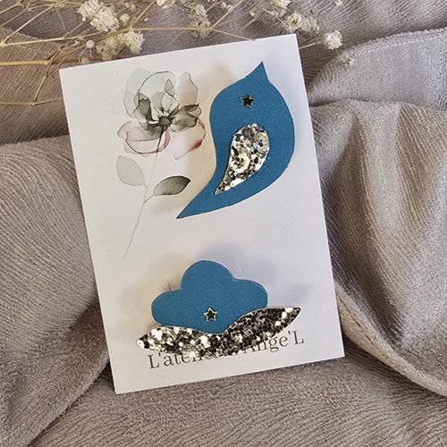 Duo de broches oiseau et lotus bleus