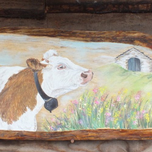 Bois peint, vache à la montagne, tableaux sur bois