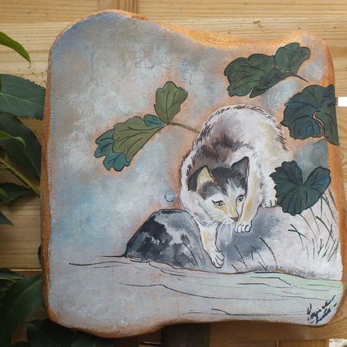 Estampe chat japonais! bois peint, tableaux, décoration murale