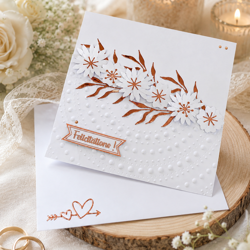 Carte de félicitations mariage artisanale blanche et cuivre rose, carte élégante faite main avec enveloppe assortie,