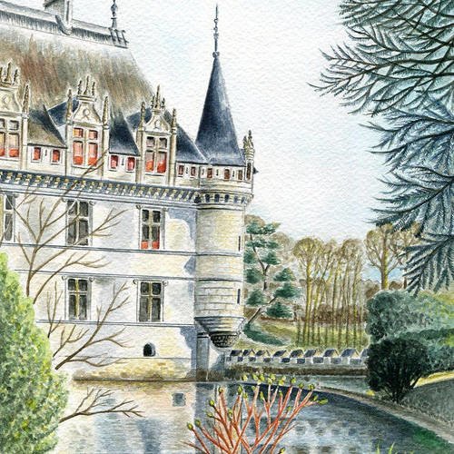 Reproduction De Mon Aquarelle Originale Azay Le Rideau Au Printemps Un Grand Marche