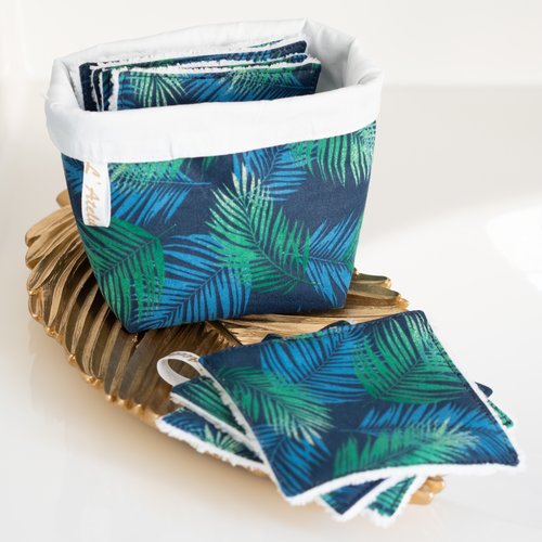 Coton lavable et panier en tissu bio « palmes »