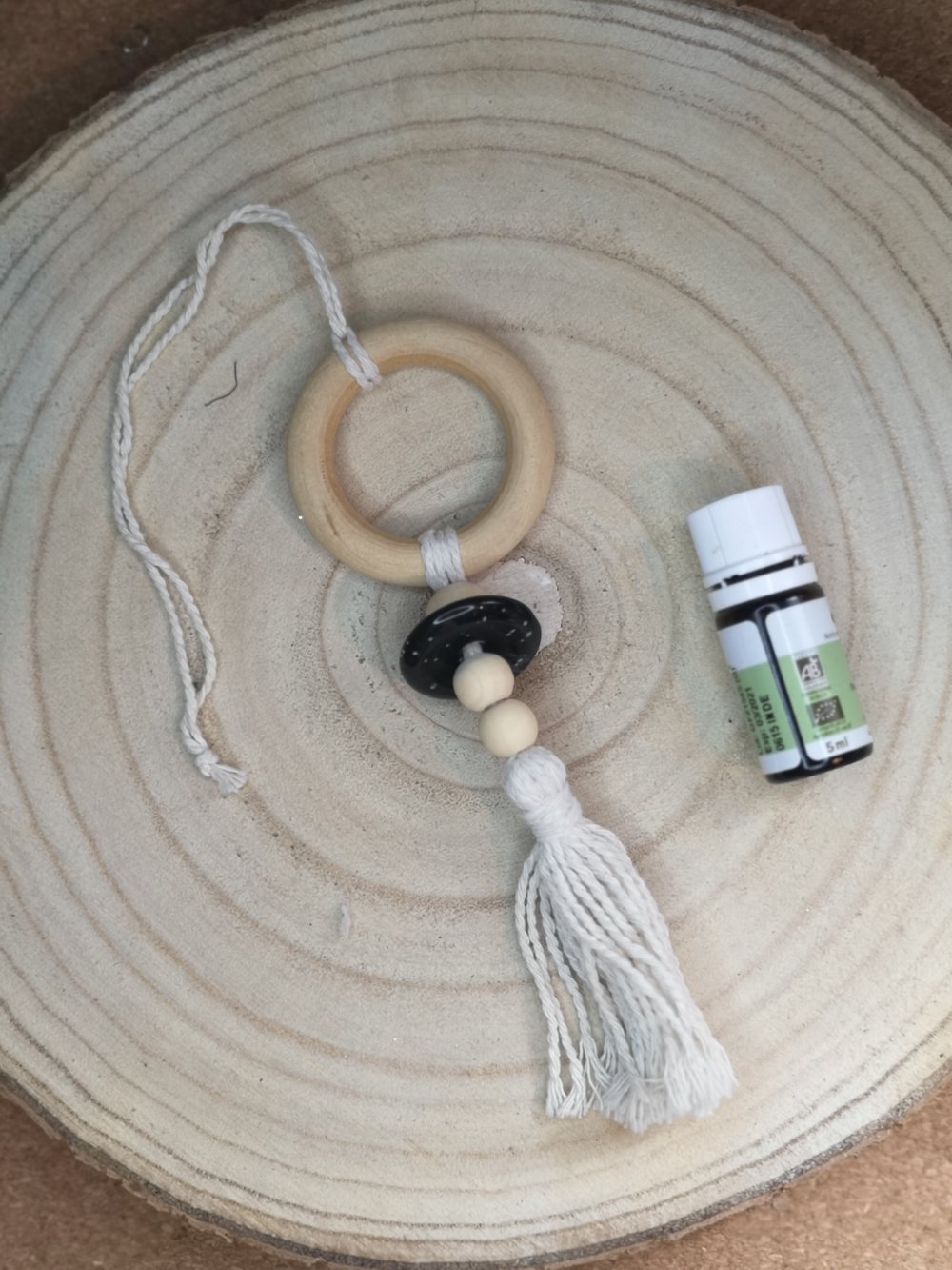 Corde en coton macramé avec anneau en bois, perles en bois pour