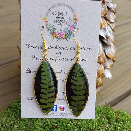 Boucles d'oreilles amande acier doré en résine uv et fleurs séchées