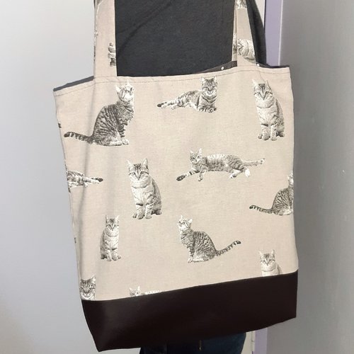 Tote bag "chat" - sac cabas - fourre-tout - sac shopping - tons beige et gris