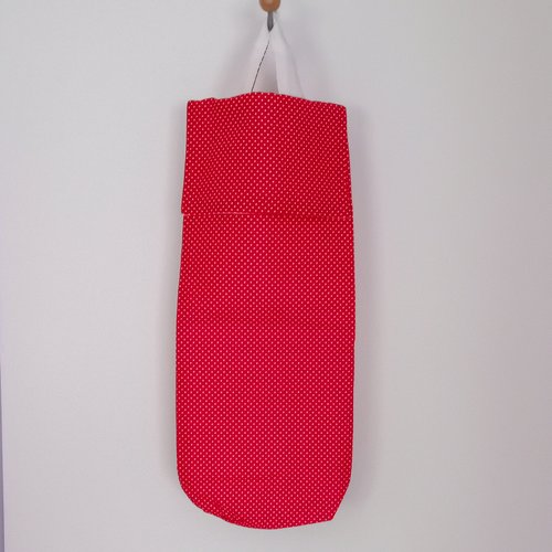 Sac à pain rouge à pois blancs en tissu coton – porte-baguette lavable et réutilisable – accessoire cuisine fait main avec rabat