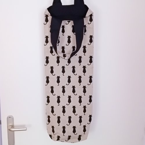 Sac à pain tissu coton motif chats noirs – porte-baguette déco cuisine – sac long noir et beige fait main lavable en machine