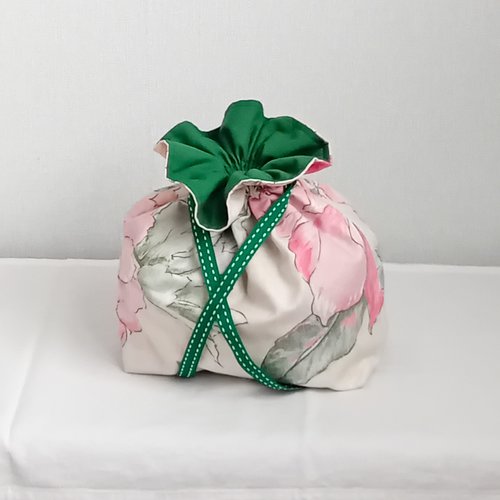 Pochon floral polyester et coton, rangement élégant rose et vert, sac décoratif fait main