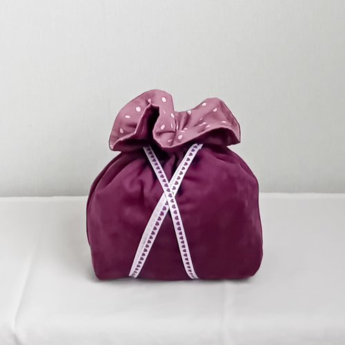 Pochon tissu suédine prune doublure rose à pois – sac rangement bijoux lingerie maquillage – pochon déco chambre salle de bain