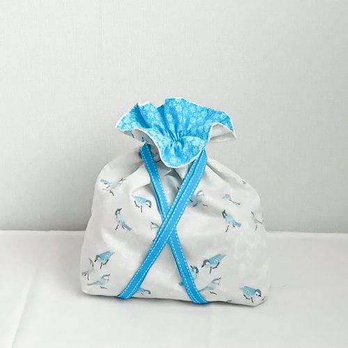 Pochon coton imprimé oiseaux – sac lingerie fait main – doublure turquoise fleurs – pochon déco chambre salle de bain
