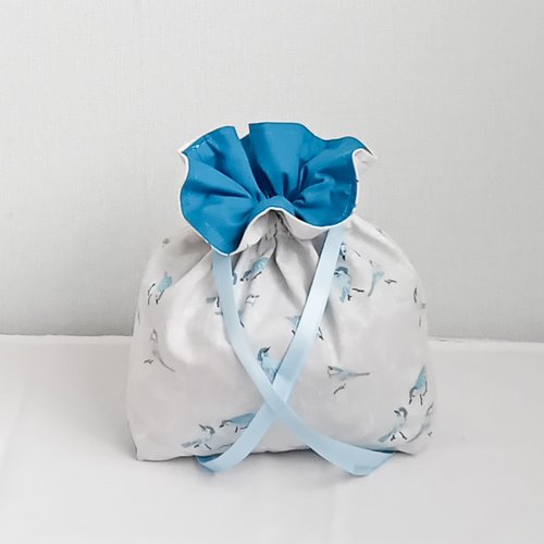Pochon tissu coton oiseaux bleu vert – sac rangement bijoux lingerie maquillage – pochette déco chambre salle de bain fait main