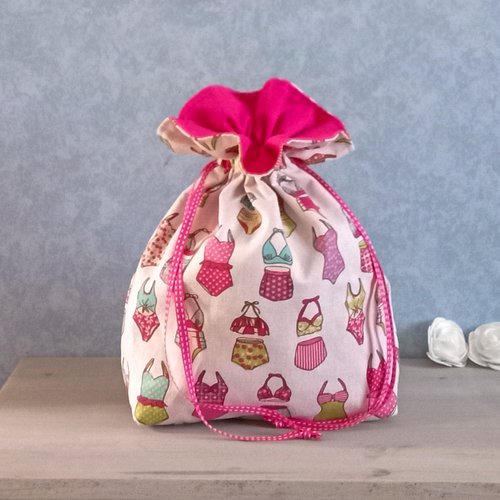 Pochon tissu maillots de bain rose fuchsia sac à coulisse pochette cadeau réutilisable sac rangement voyage vrac fait main été chic