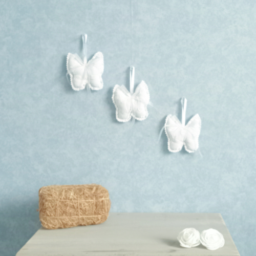 Lot de 3 papillons décoratifs, décoration bohème chic, coton brodé blanc, déco éco-responsable.