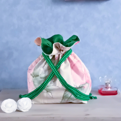 Pochon tissu pivoines fleurs rose vert sac à coulisse pochette cadeau réutilisable sac rangement voyage vrac fait main zéro déchet chic