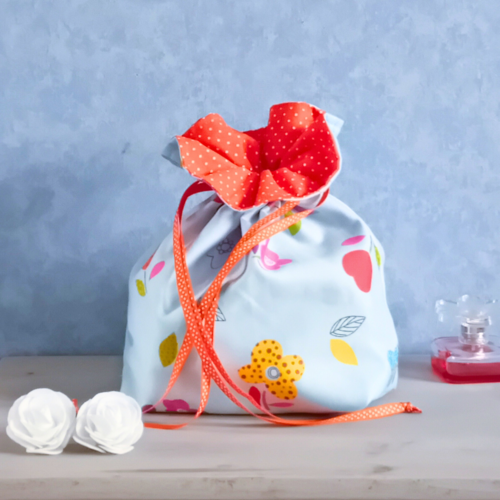 Pochon tissu fleurs bleu ciel doublure orange pois sac à coulisse pochette cadeau réutilisable sac rangement voyage vrac zéro déchet