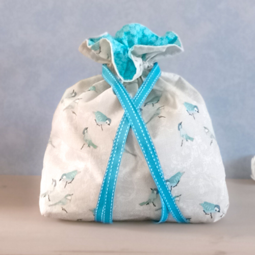 Pochon tissu oiseaux mésanges bleu turquoise sac à coulisse pochette cadeau réutilisable sac rangement voyage vrac zéro déchet coton