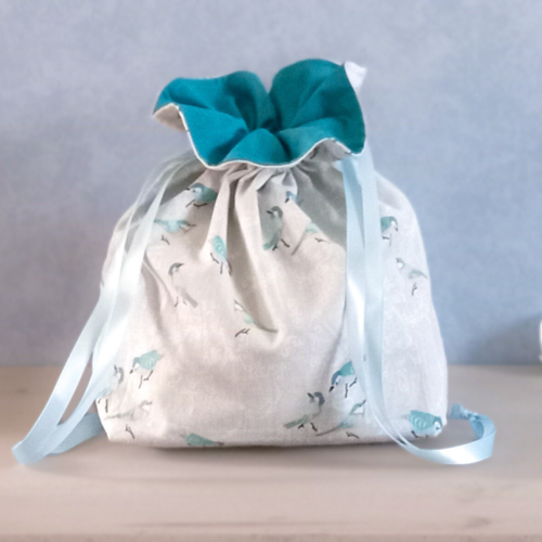 Pochon tissu oiseaux mésanges bleu ciel vert sac à coulisse pochette cadeau réutilisable sac rangement voyage vrac zéro déchet coton