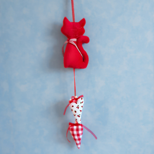 Mobile chat rouge en velours fait main – suspension murale pour chambre bébé – déco murale pour chambre d'enfant