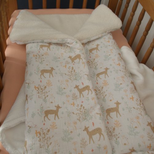 Nid d'ange naissance double gaze de coton et tissu nounours reversible