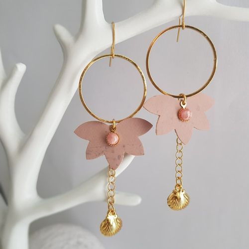 Boucles d'oreilles pendantes, doré à l'or fin 24 carats, pendentif lotus en liège rose, pierre naturelle