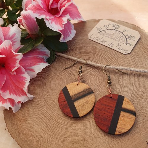 Boucles d'oreilles en bois - padouk et ébène blanc