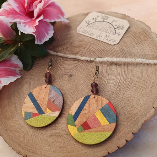 Boucles d'oreilles en bois - mosaïque multicolore