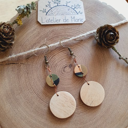 Boucles d'oreilles en bois - sycomore et mosaïque