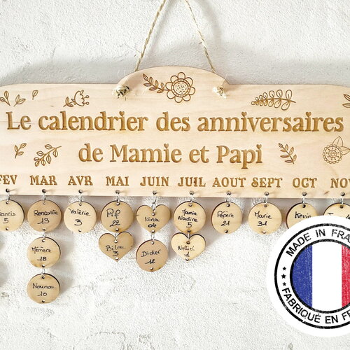 Calendrier anniversaires en bois personnalisé – cadeau émouvant pour mamie & papi – gravure artisanale française
