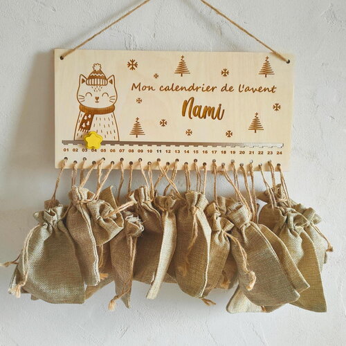 Calendrier de l’avent personnalisé en bois – prénom gravé & animaux de noël – fabrication artisanale française